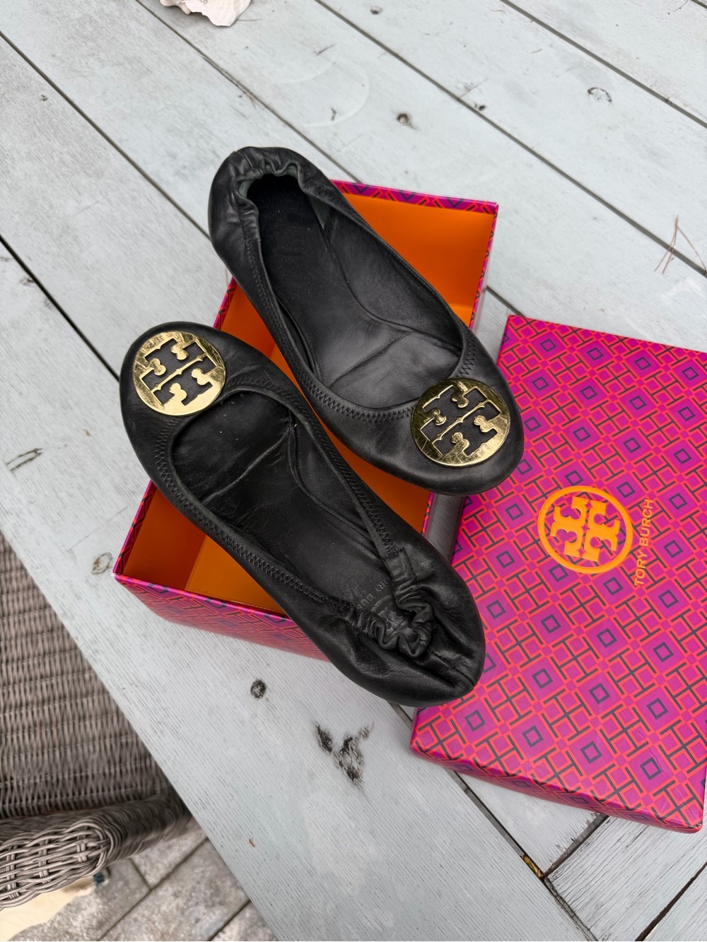 Tory Burch Black Leather Reva Ballet Flats with Gold Logo